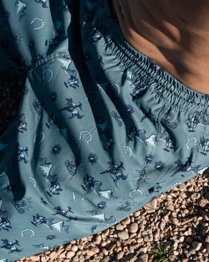 Waterloo Swim Shorts - Badlands Academy 7" in blue with animal and geometric print, TEXAS STANDARD
