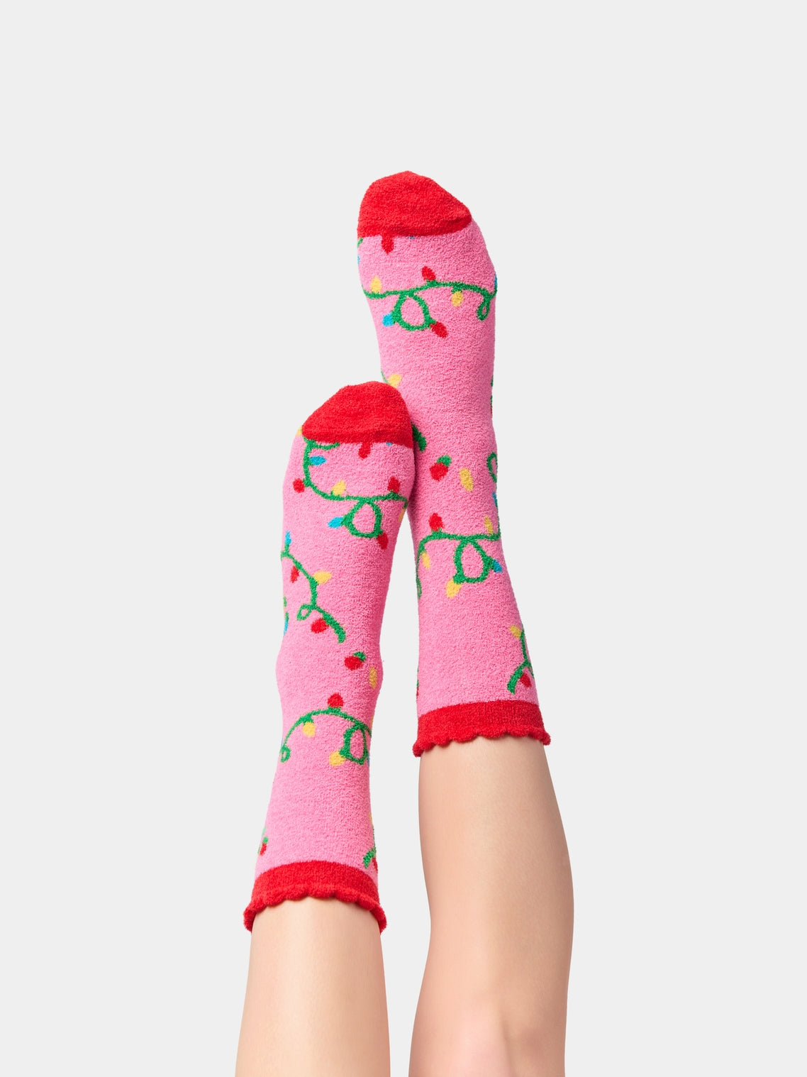 String Lights Socks with pink base, green light strings, and red accents by SHIRALEAH at HCO FBG