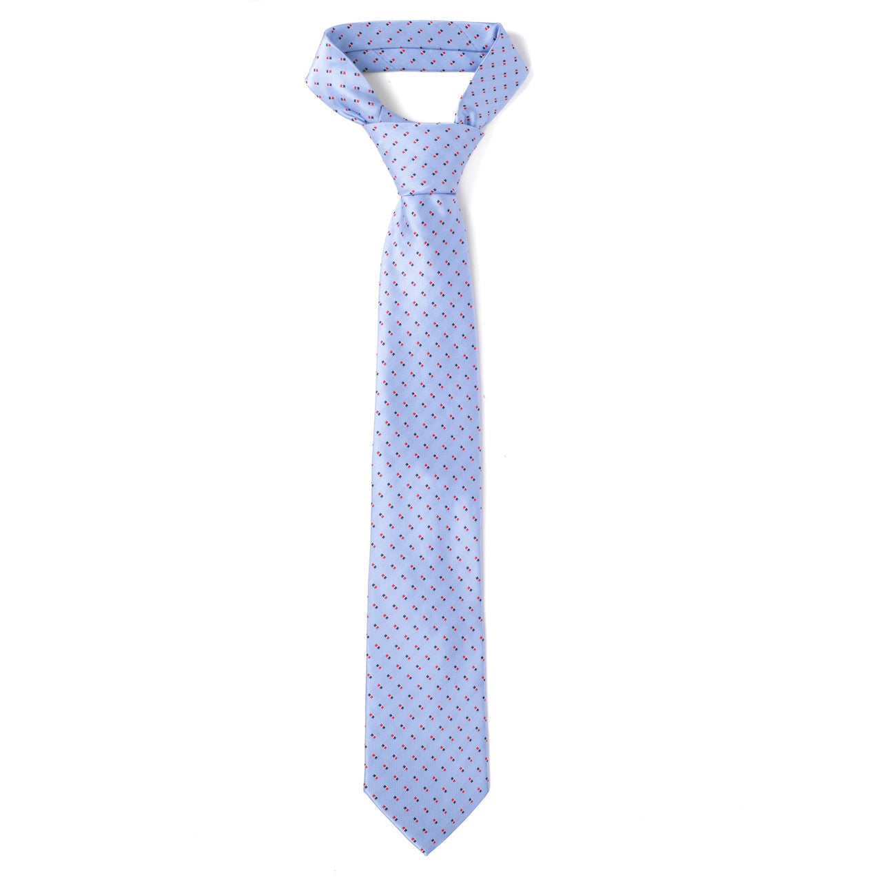 Men's Tie 5981 in light blue microfiber with red geometric dots by SELINI NEW YORK HCO Ties