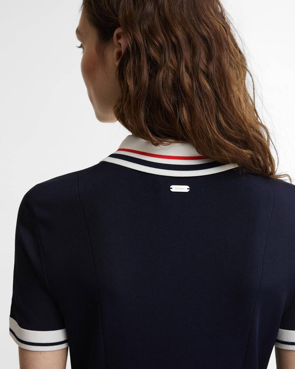 Hollington Knitted Mini Dress back detail with navy fabric and red, white striped collar by BARBOUR INC.
