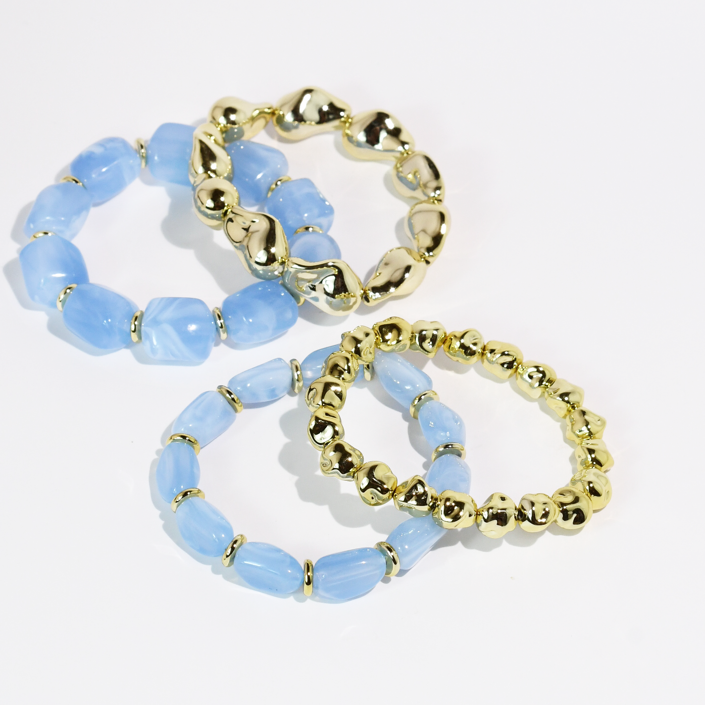 Blue All Day Bracelet Set with sky blue beads and gold accents, Treasure Jewels, Fredericksburg TX