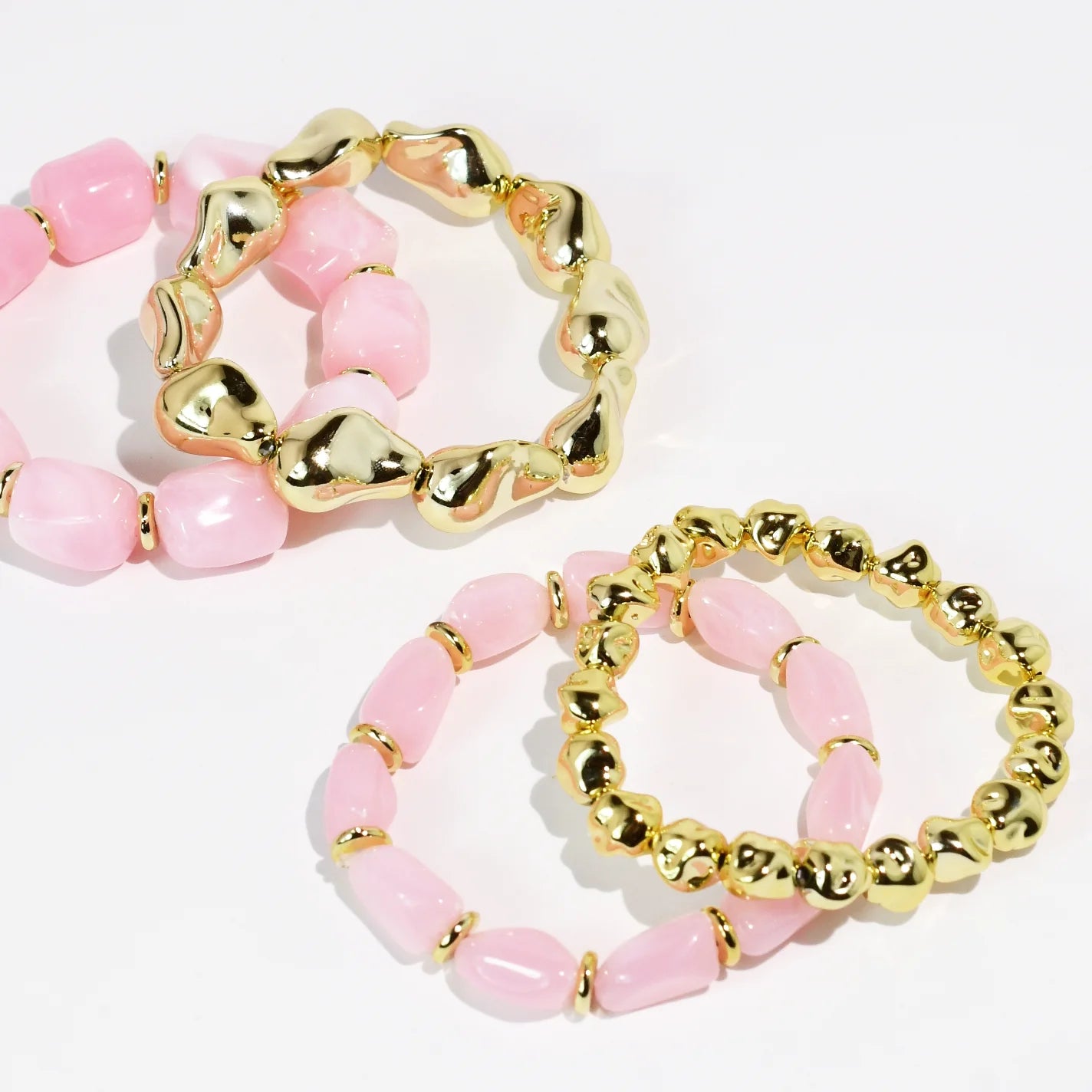 Pink All Day Bracelet Stack with blush pink beads and shiny gold accents by Treasure Jewels