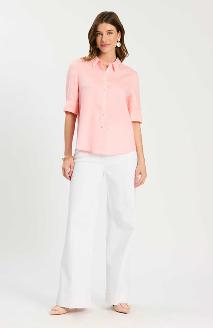 Tommy Linen Shirt in soft pink linen with classic collar, curated women's short sleeve shirt at HCO