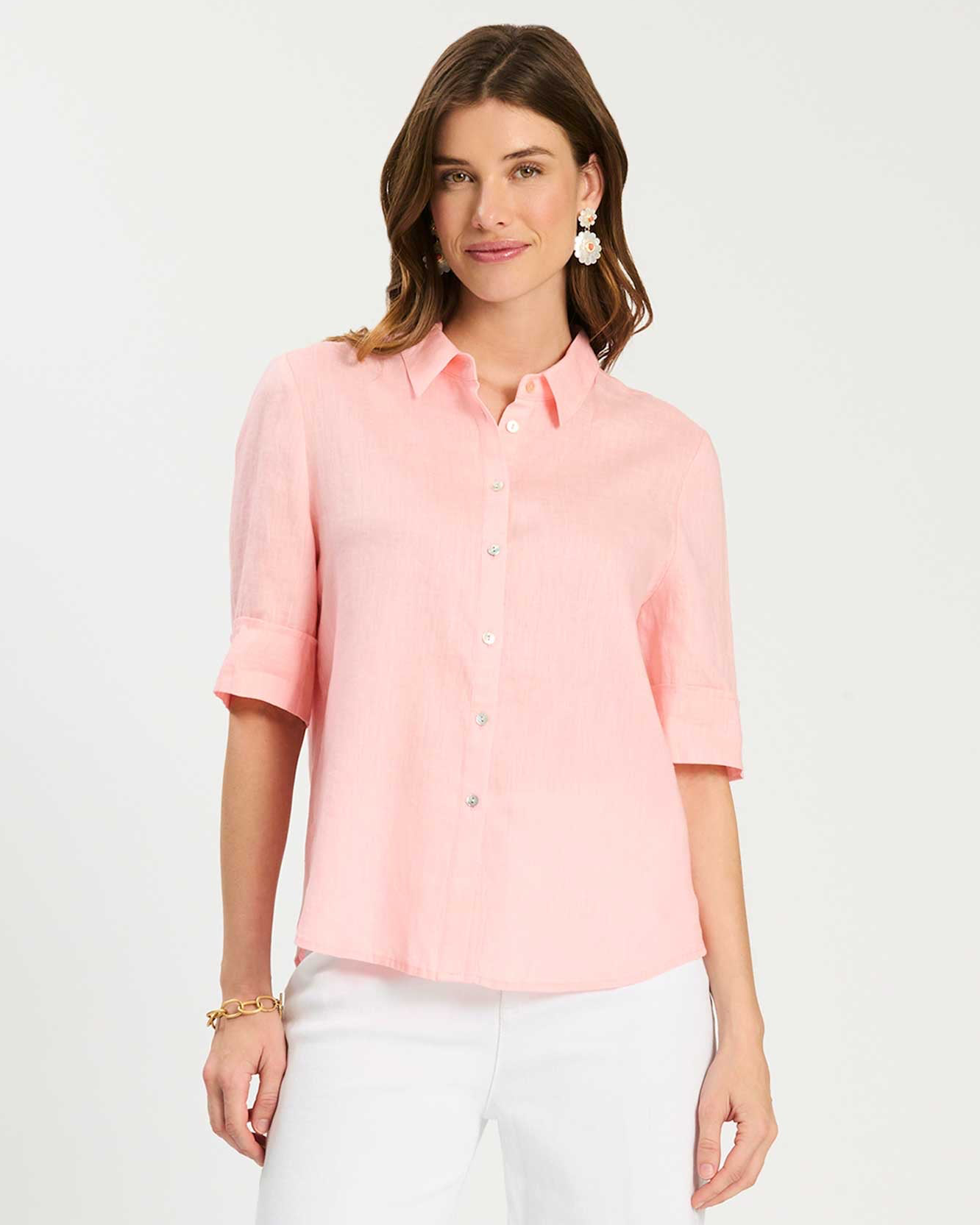 Tommy Linen Shirt in soft pink breathable linen with classic collar, curated Fredericksburg boutique