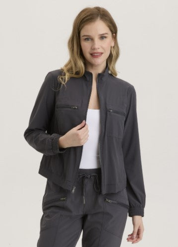 Active Quinn Bomber in CHARCOAL, open front with chest pocket and elastic cuffs