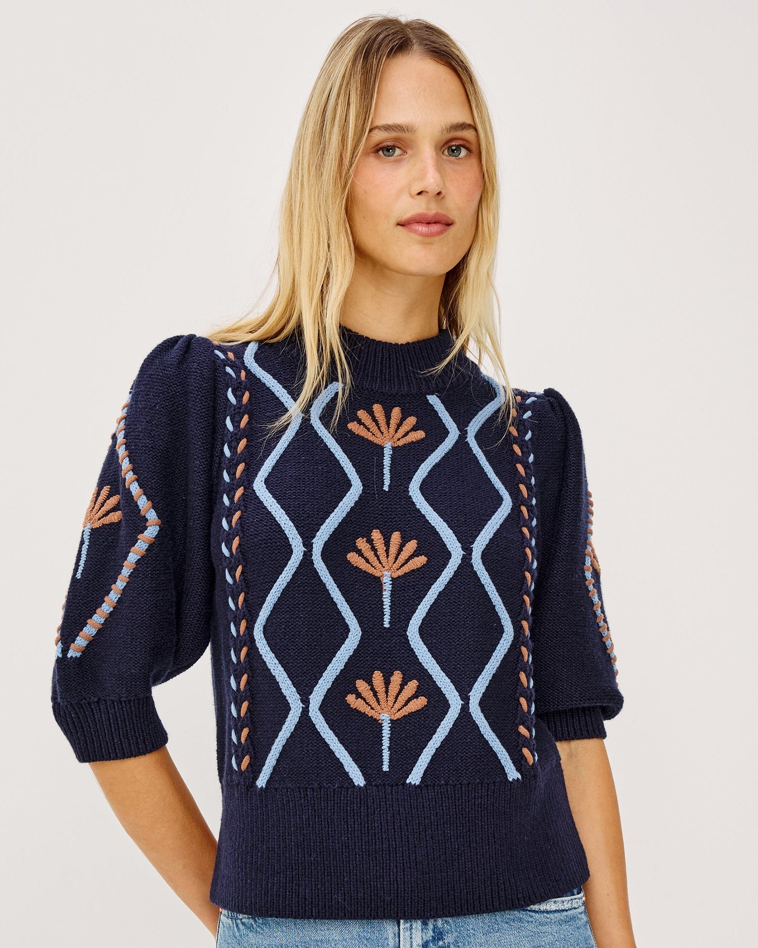 Addy - Floral Cables navy floral geometric cable knit sweater by RAILS from Women's Sweaters