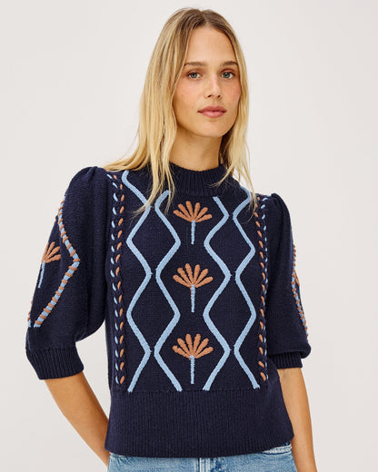 Addy - Floral Cables navy floral geometric cable knit sweater by RAILS from Women's Sweaters
