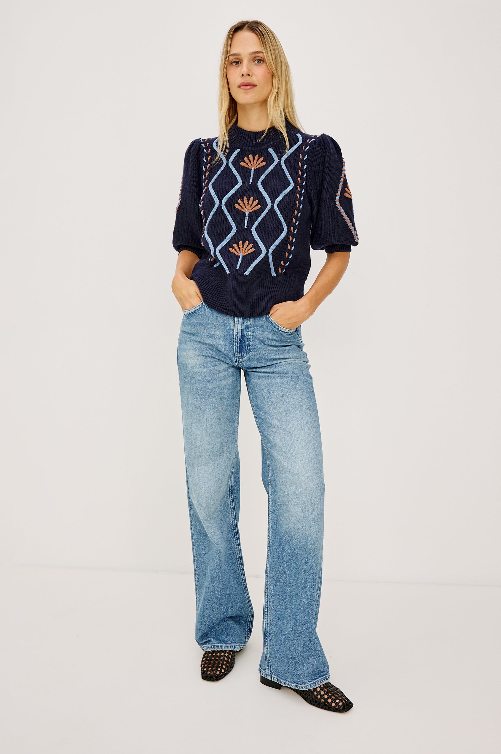 Addy - Floral Cables navy floral geometric cable knit sweater with puff sleeves by RAILS
