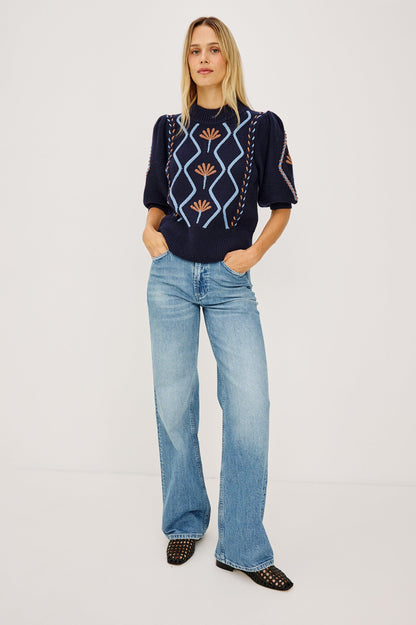 Addy - Floral Cables navy floral geometric cable knit sweater with puff sleeves by RAILS
