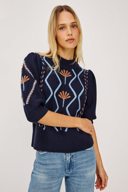 Addy - Floral Cables navy sweater with puff sleeves and floral geometric cable knit by RAILS