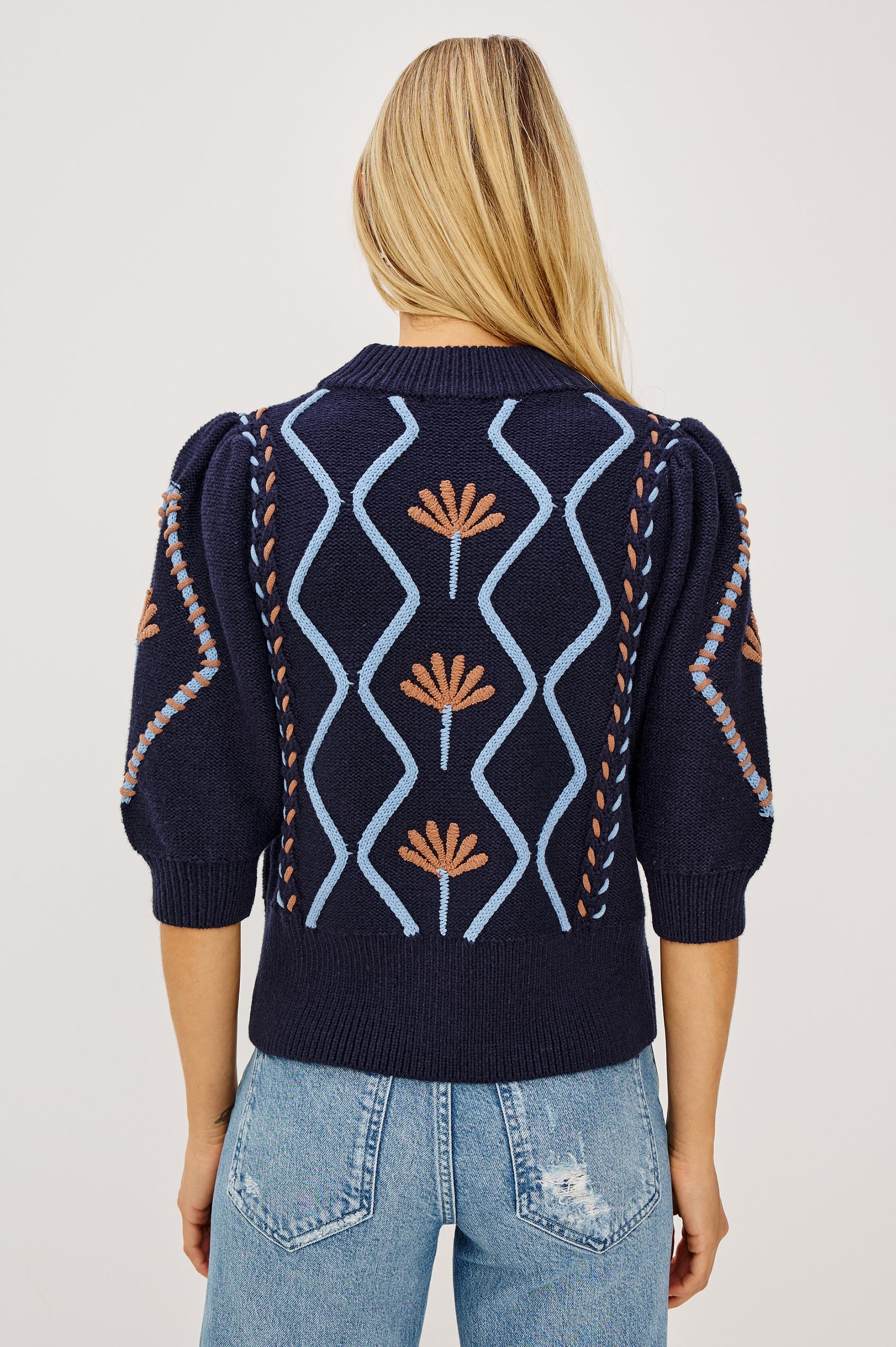 Addy - Floral Cables navy sweater with floral and geometric patterns, puff sleeves by RAILS