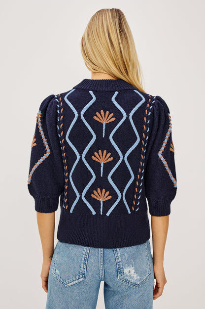 Addy - Floral Cables navy sweater with floral and geometric patterns, puff sleeves by RAILS