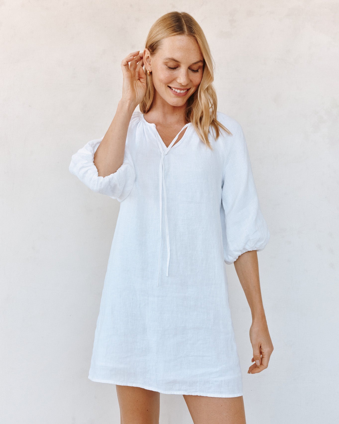 Pullover Puff Sleeve Dress in white linen by BELLA DAHL, curated Fredericksburg boutique style