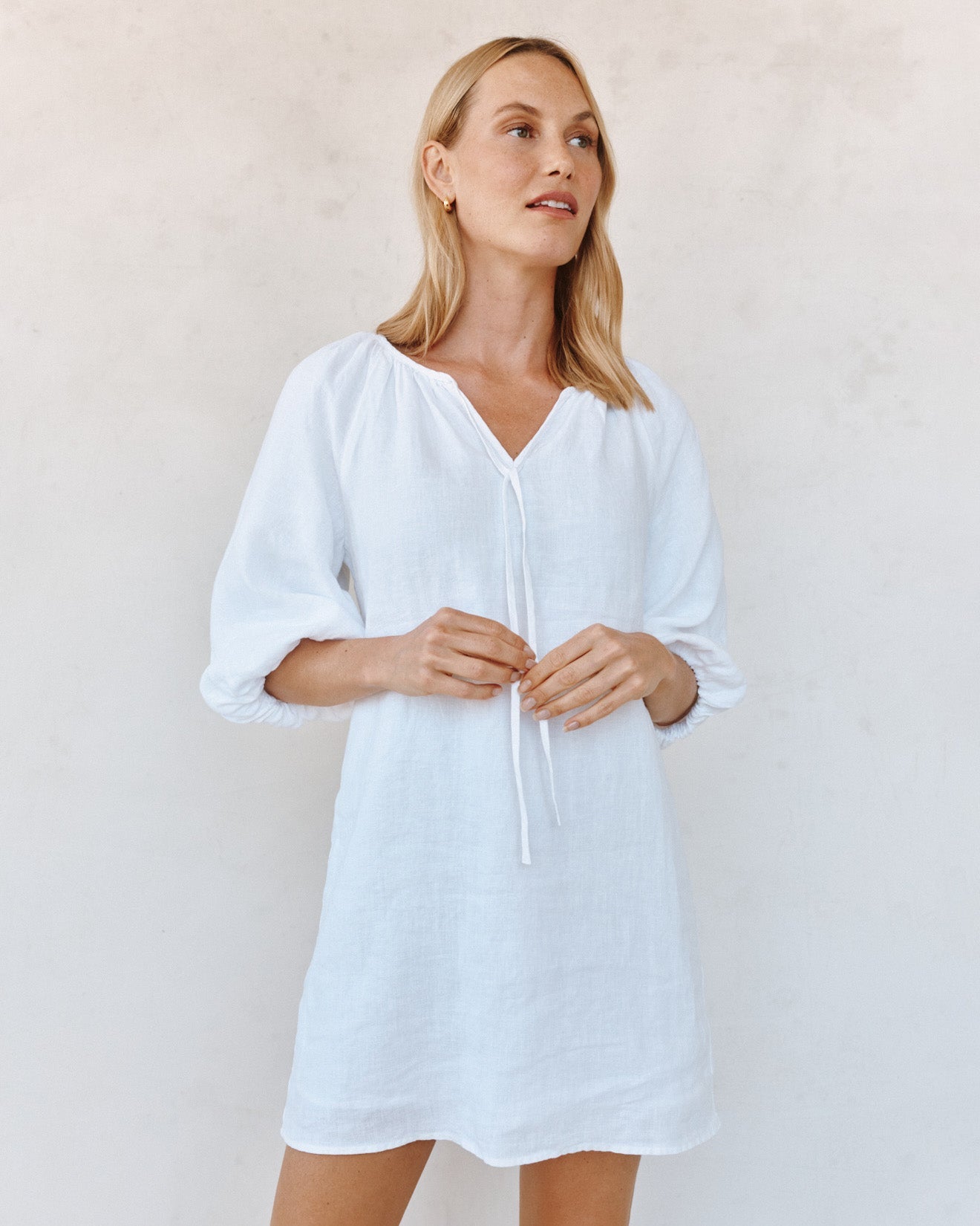 Pullover Puff Sleeve Dress in white linen by BELLA DAHL, boutique Fredericksburg style