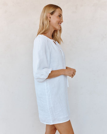 Pullover Puff Sleeve Dress in white linen by BELLA DAHL, personally curated Fredericksburg style