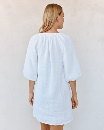 Pullover Puff Sleeve Dress in white linen with puffed sleeves, personally curated Fredericksburg style