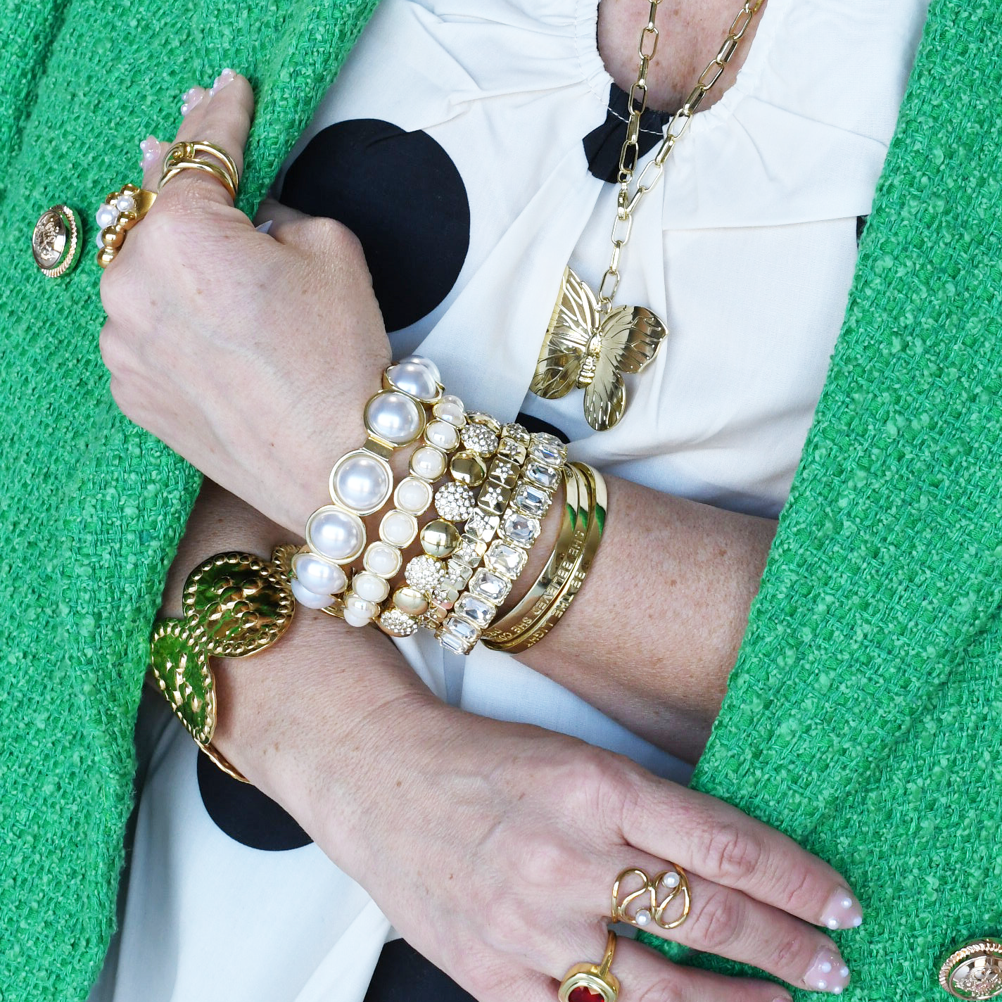 Radiant Gold Crystal Stack Set with geometric pavé and crystal accents by TREASURE JEWELS