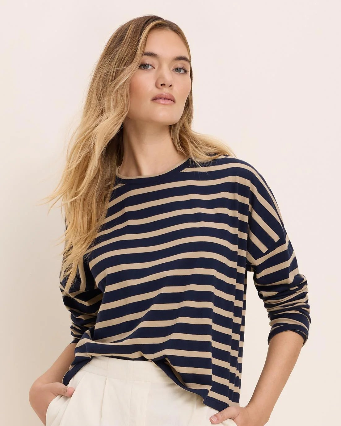 Soft Stripe Tee with navy and beige stripes by NIC AND ZOE, Women's Long Sleeve Shirts collection