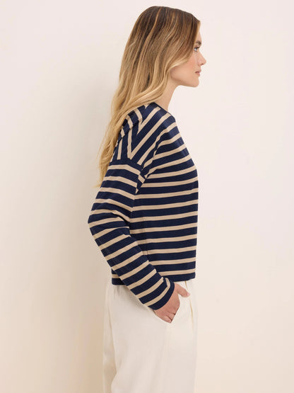 Soft Stripe Tee with navy and beige stripes styled casually by NIC AND ZOE boutique