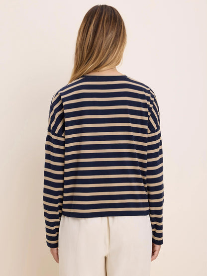 Soft Stripe Tee in navy and beige striped pattern, curated Women's Long Sleeve Shirts by NIC AND ZOE