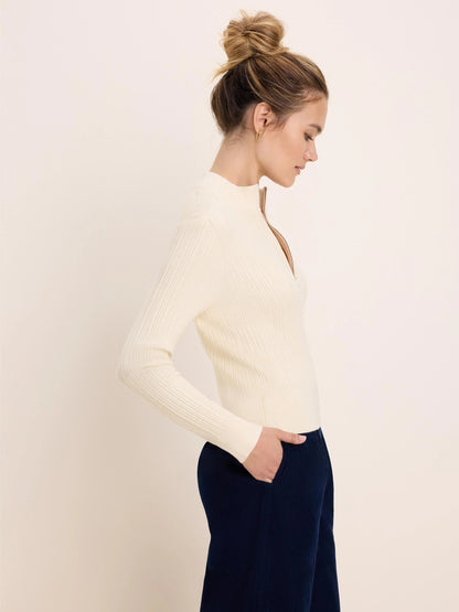 Half Zip Ribbed Sweater in cream knit styled casually with navy pants by NIC AND ZOE boutique