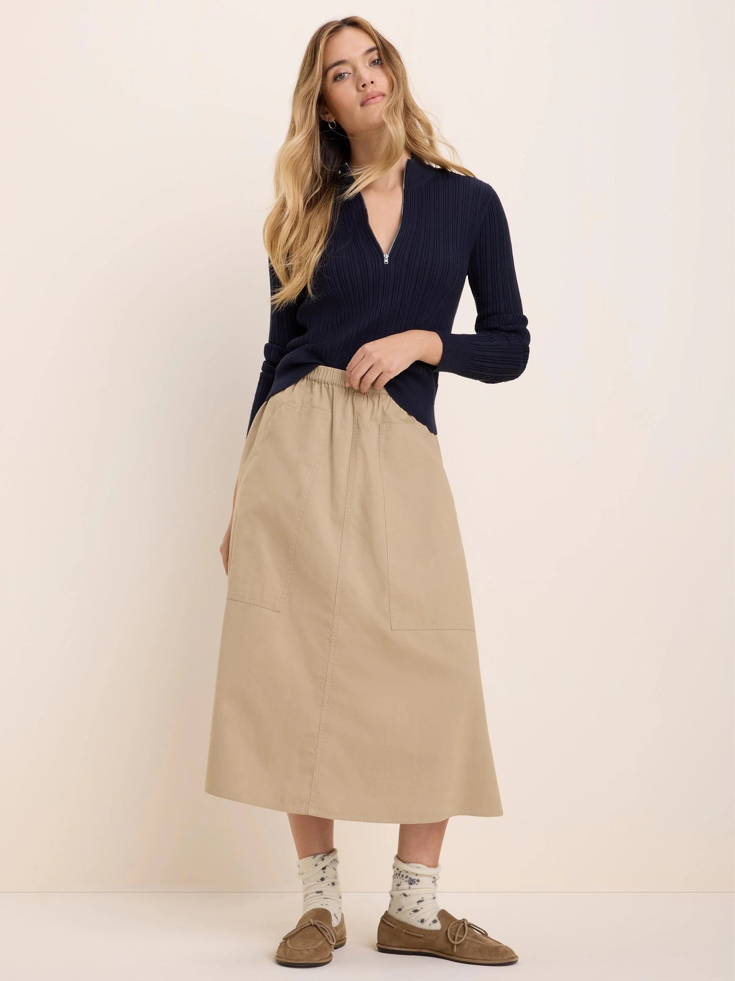 Half Zip Ribbed Sweater in navy from NIC AND ZOE styled with casual beige skirt, Women's Sweaters