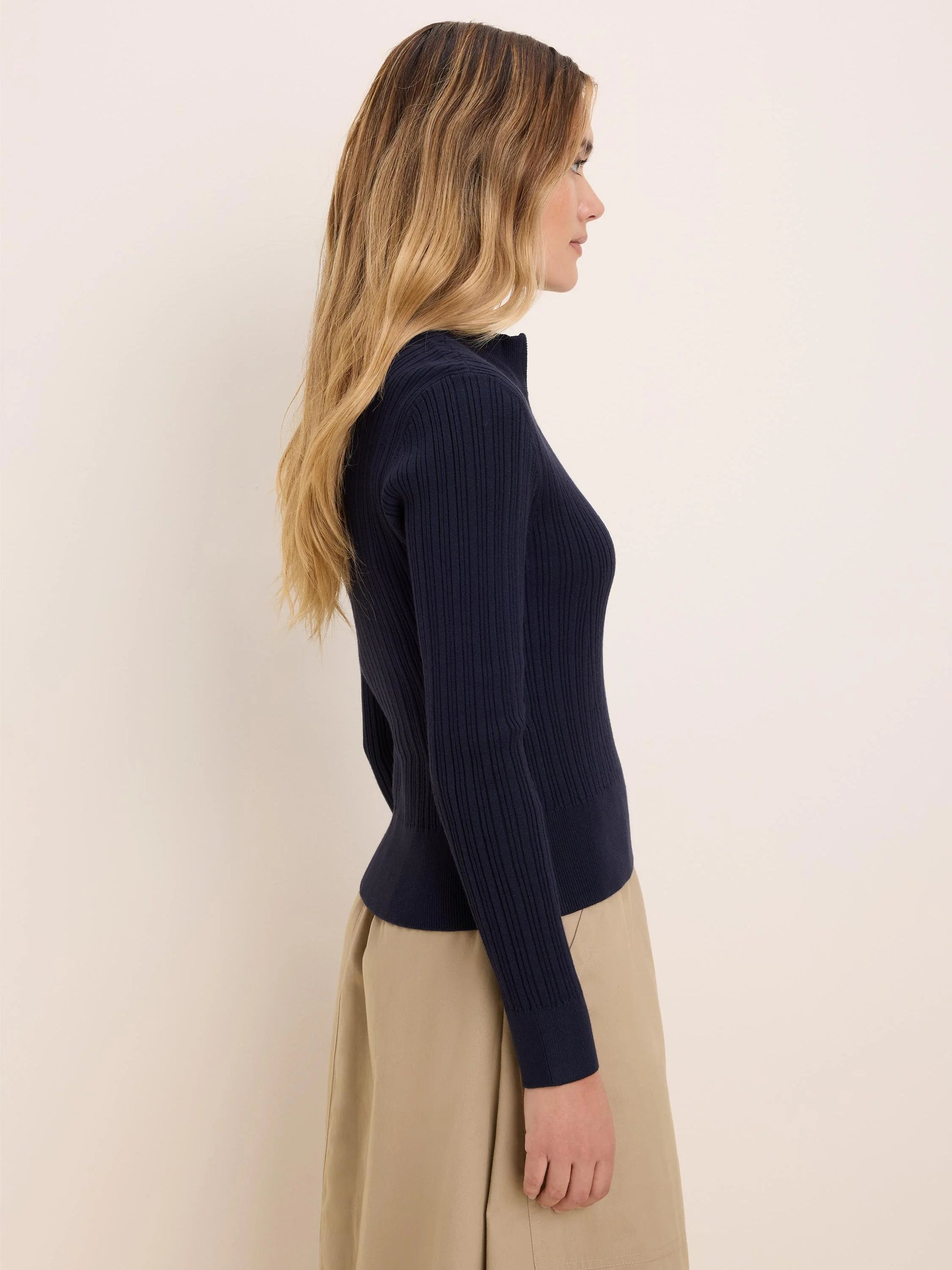 Half Zip Ribbed Sweater in navy knit styled with neutral skirt by NIC AND ZOE, Women’s Sweaters