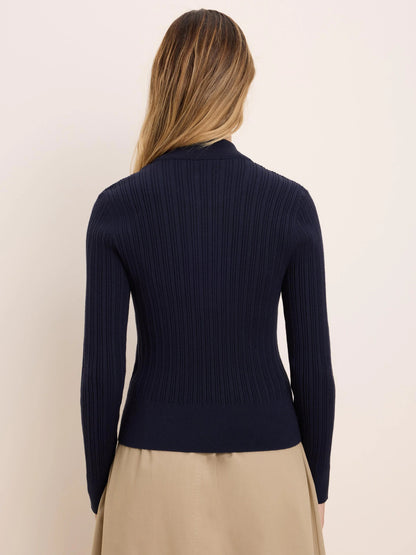 Half Zip Ribbed Sweater back view in navy knit from NIC AND ZOE Women's Sweaters collection