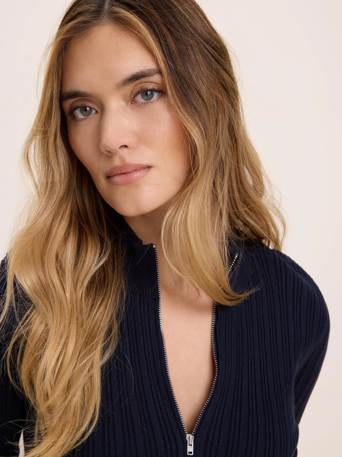 Half Zip Ribbed Sweater in navy knit shown on model, NIC AND ZOE Women's Sweaters collection