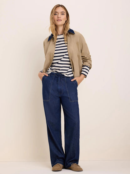 Cord Collar Twill Jacket in beige with navy collar styled with denim by NIC AND ZOE Women’s Jackets