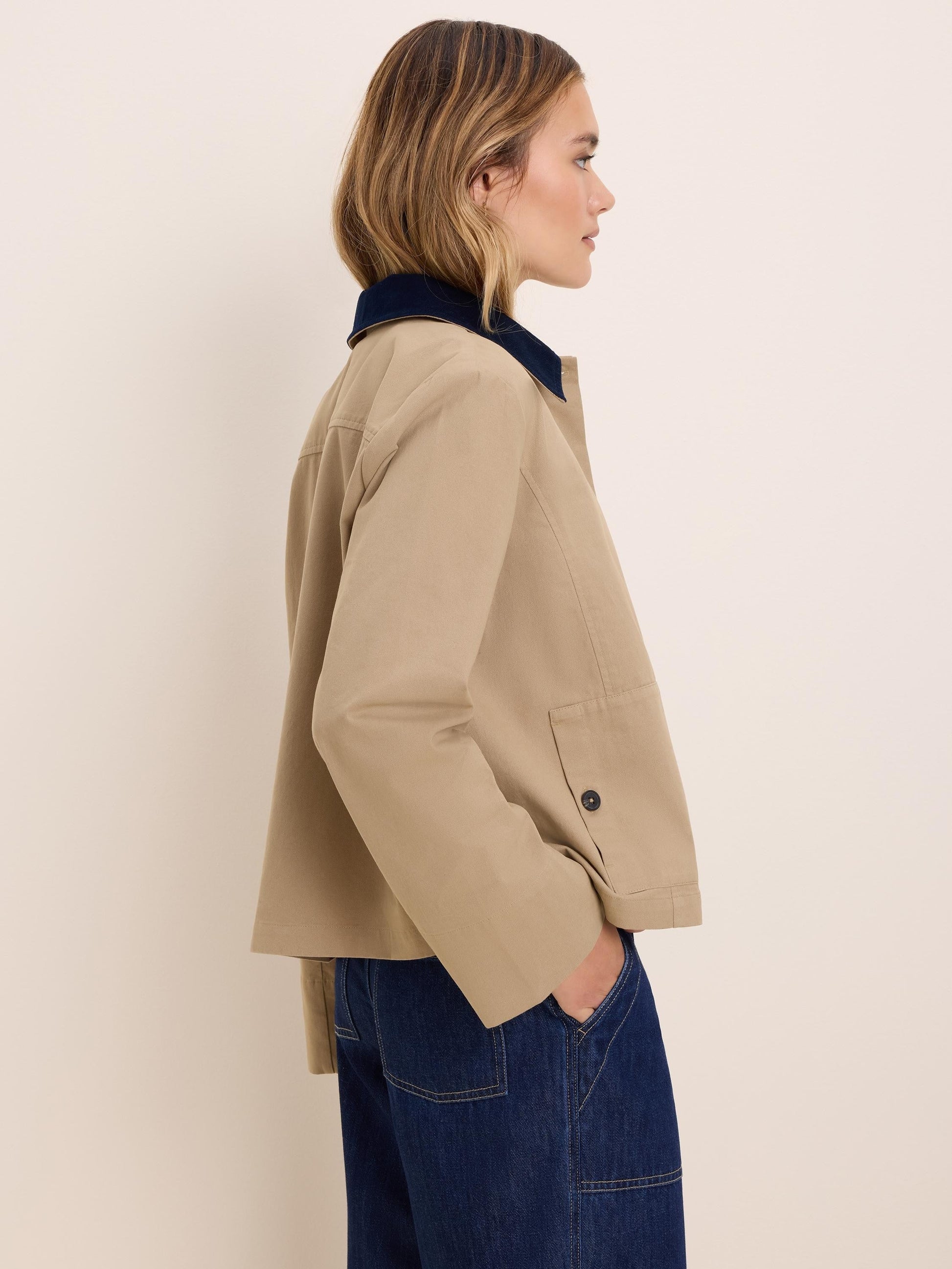 Cord Collar Twill Jacket in beige with navy collar styled with denim by NIC AND ZOE Women's Jackets