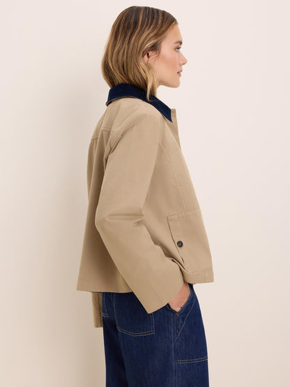 Cord Collar Twill Jacket in beige with navy collar styled with denim by NIC AND ZOE Women's Jackets