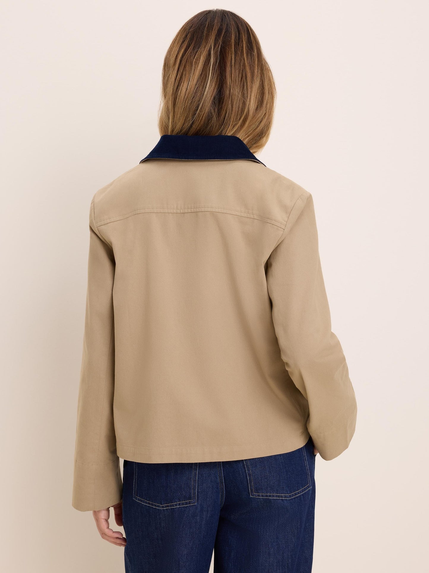 Cord Collar Twill Jacket in beige with navy collar, NIC AND ZOE Women’s Jackets collection