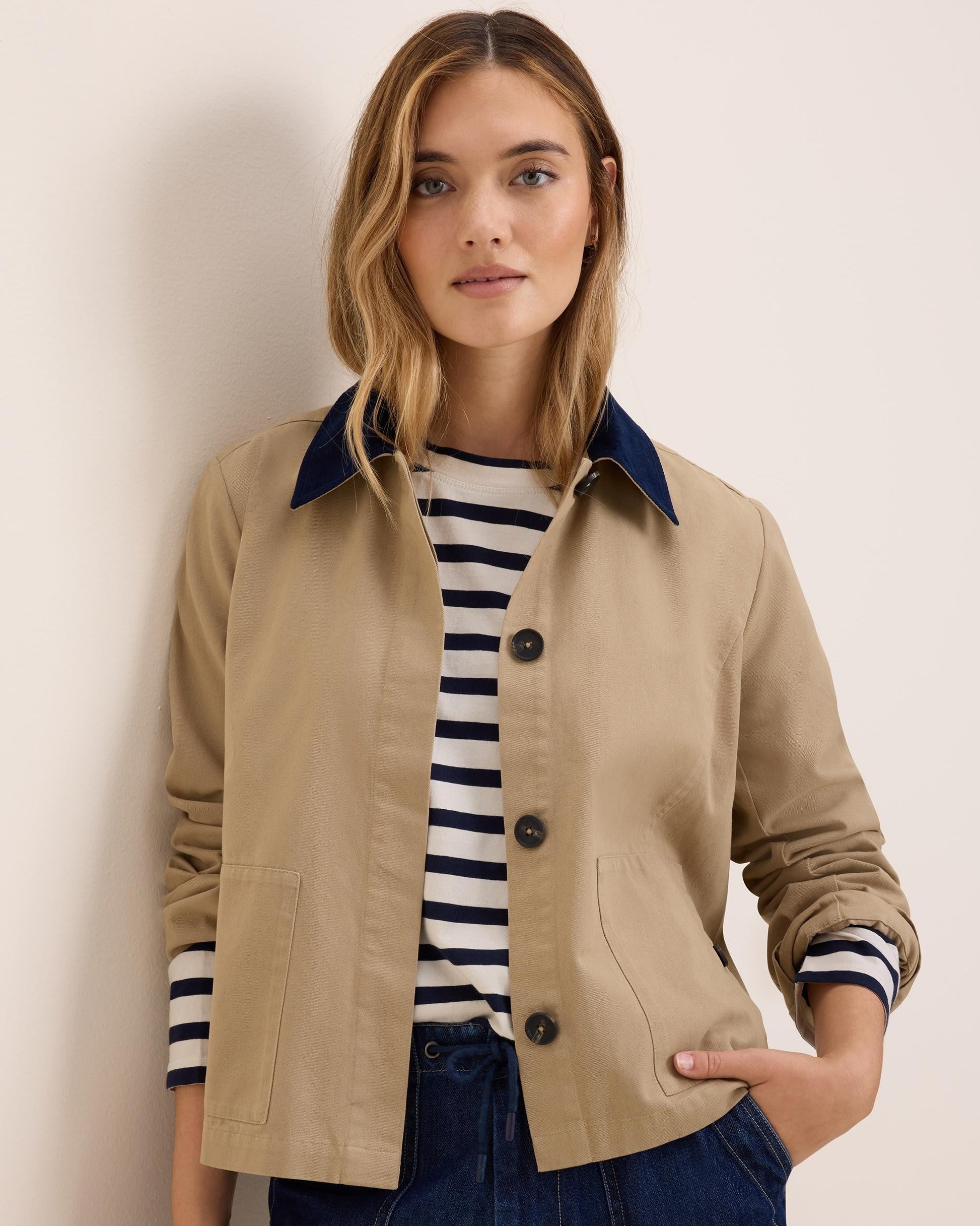 Cord Collar Twill Jacket in beige with navy collar styled by NIC AND ZOE Women's Jackets collection