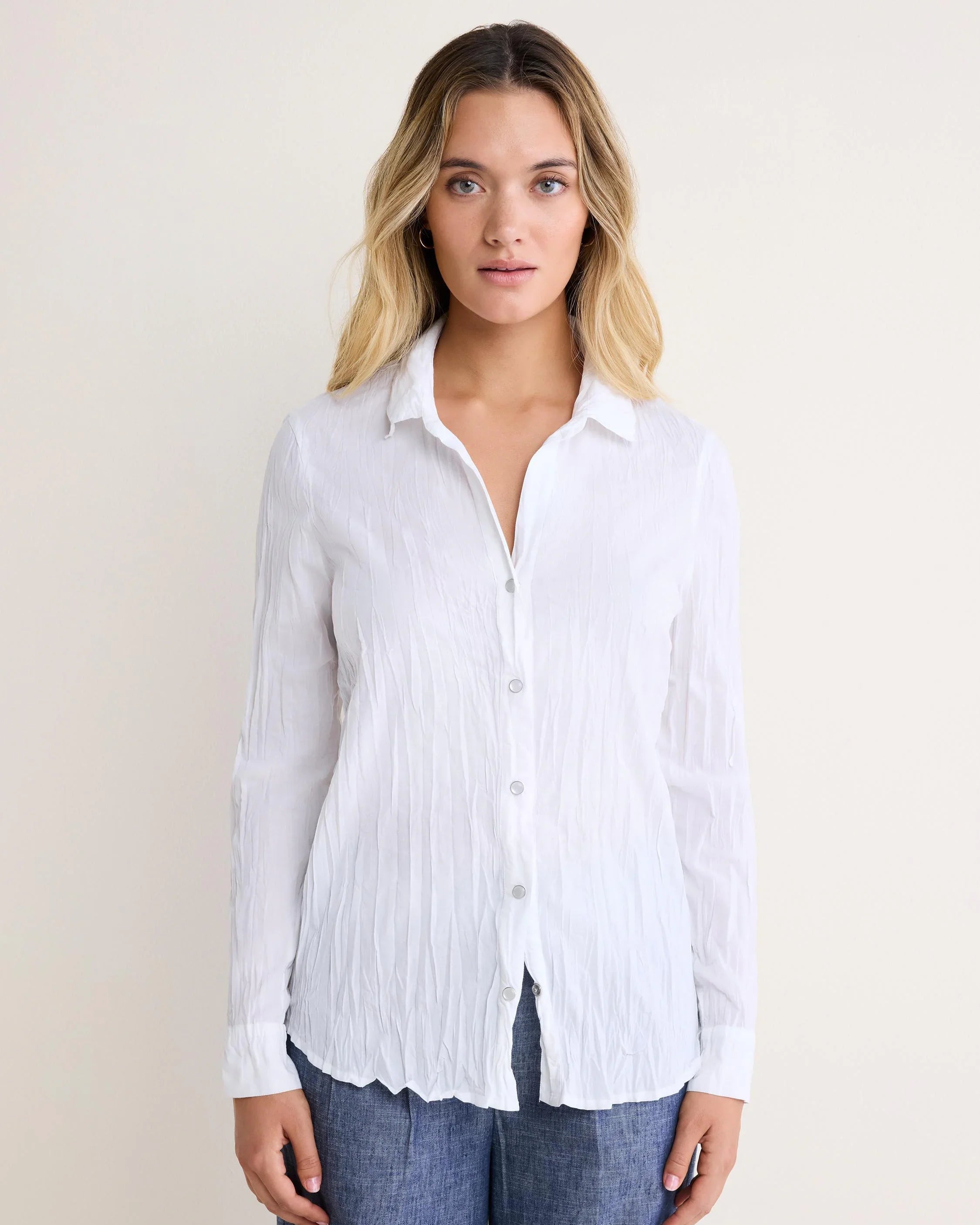 Core Cotton Shirt in white crinkle cotton cambric, women's long sleeve by NIC AND ZOE