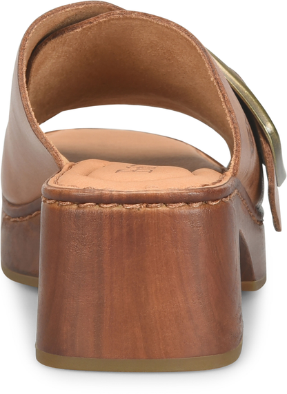 Bangle slide in brown full-grain leather with brass buckle and woodgrain platform by BORN