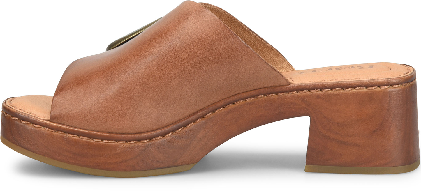 Bangle slide in brown leather with woodgrain platform and subtle heel by BORN Women's Shoes HCO