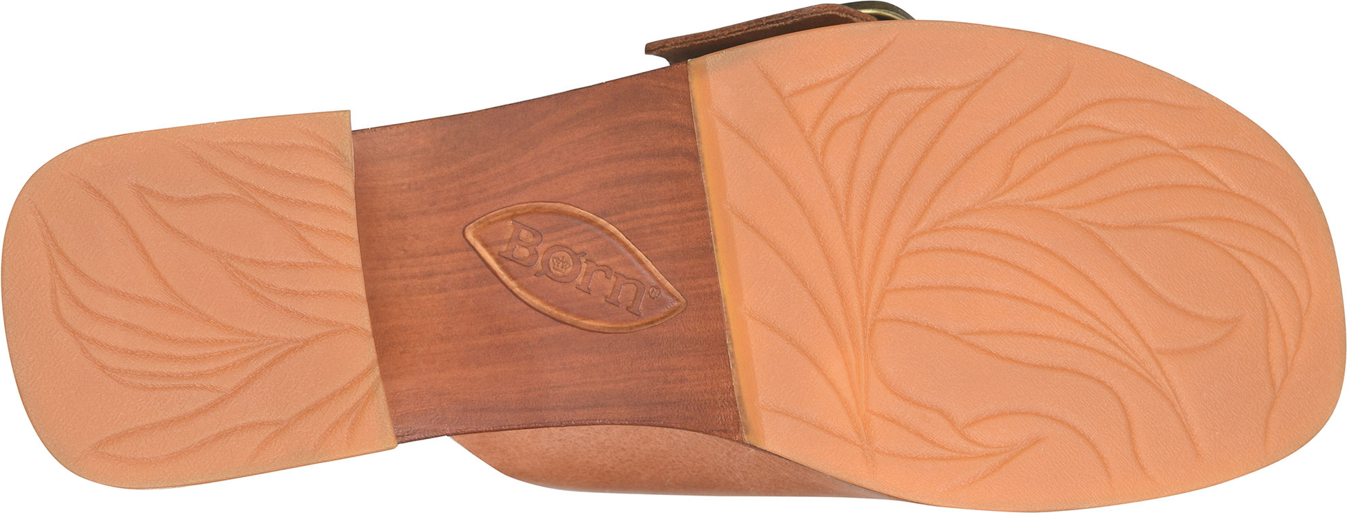 Bangle slide outsole in tan with embossed floral pattern and Born logo, Women's Shoes HCO