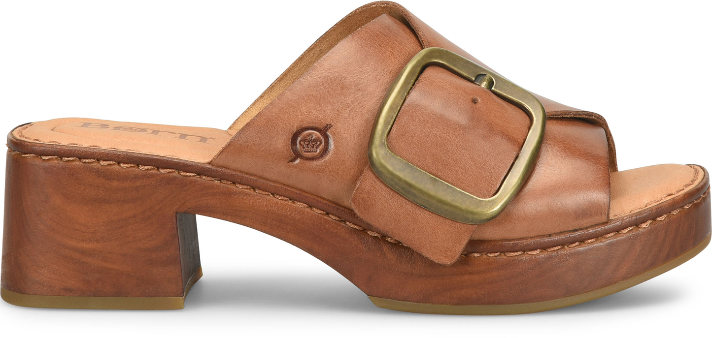 Bangle slide in brown full-grain leather with oversized brass buckle and woodgrain heel by BORN