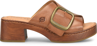 Bangle slide in brown full-grain leather with oversized brass buckle and woodgrain heel by BORN