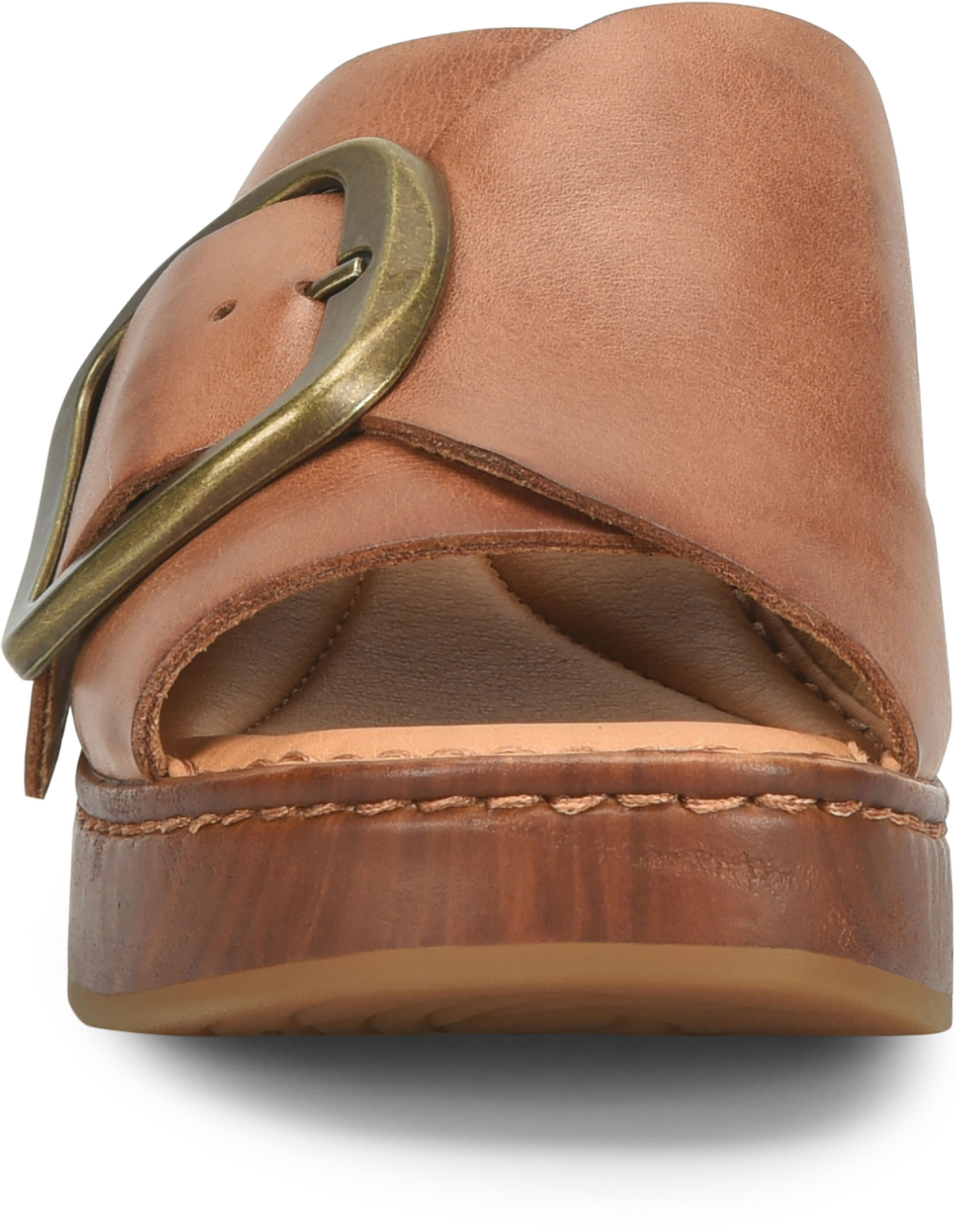 Bangle slide in brown full-grain leather with brass buckle and woodgrain-inspired platform by BORN