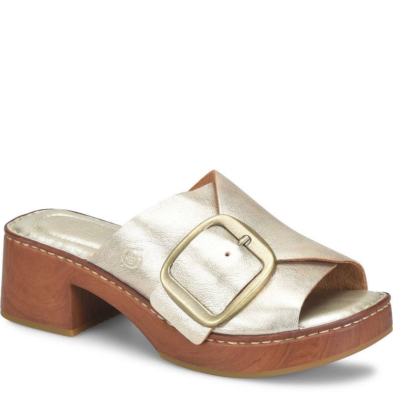 Bangle slide with gold buckle and woodgrain platform in silver and brown by BORN Women's Shoes