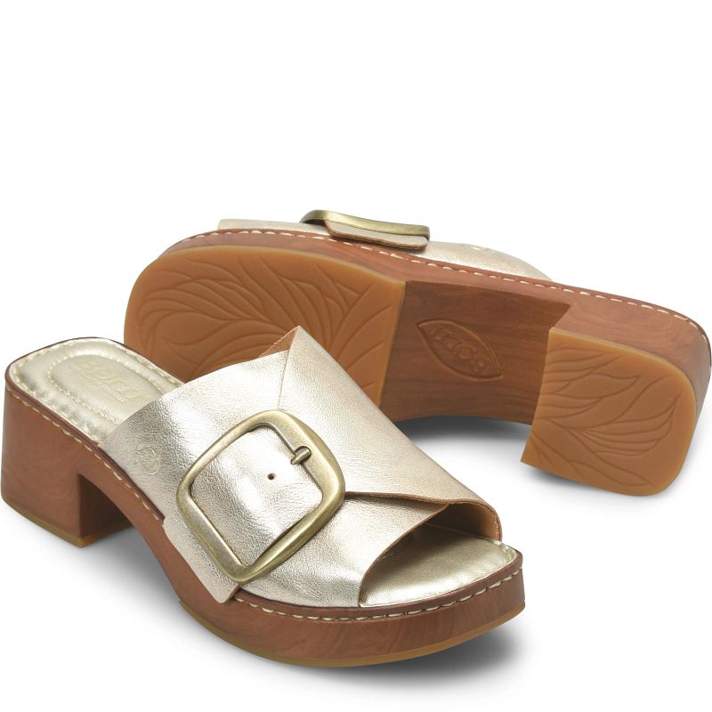 Bangle slide in silver with gold buckle and woodgrain platform from BORN Women's Shoes collection