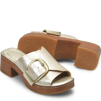 Bangle slide in silver with gold buckle and woodgrain platform from BORN Women's Shoes collection