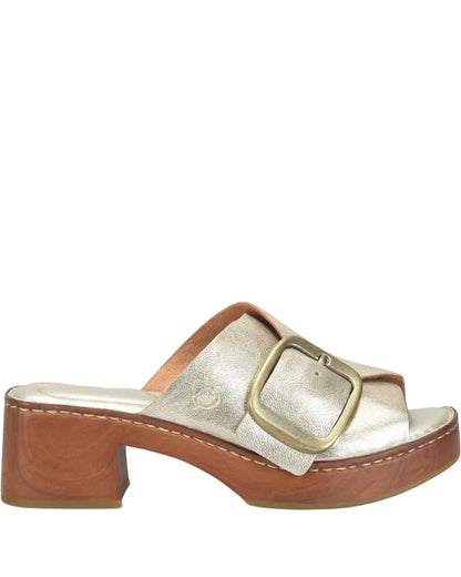 Bangle silver slide with statement buckle and woodgrain platform by BORN women's shoes HCO