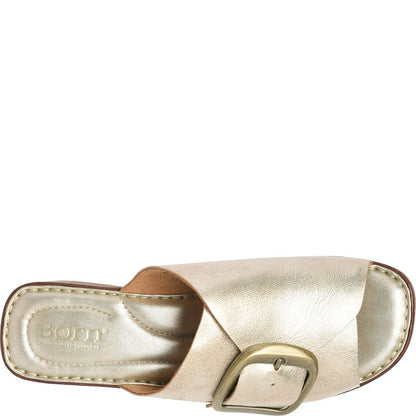Bangle slide in beige with gold buckle and leather footbed by BORN women's shoes HCO