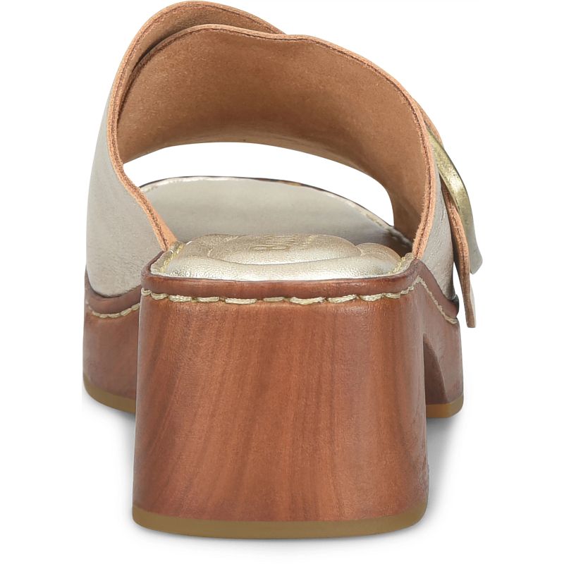 Bangle slide in beige suede with gold buckle and woodgrain platform by BORN Women's Shoes HCO
