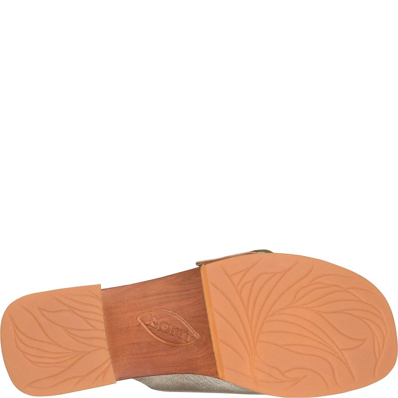 Bangle slide in silver with woodgrain sole and signature logo embossed by BORN Women's Shoes HCO
