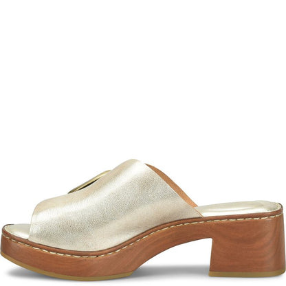 Bangle slide in gold leather with woodgrain platform and statement buckle from BORN Women's Shoes HCO