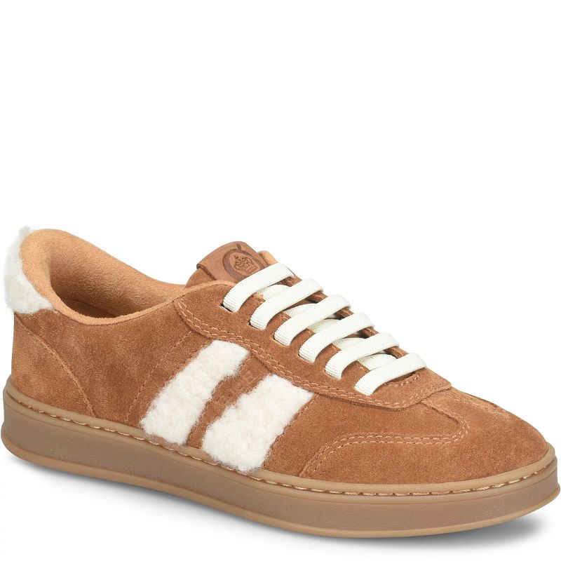 Amari Shearling - Tan by BORN women's suede sneaker with shearling trim